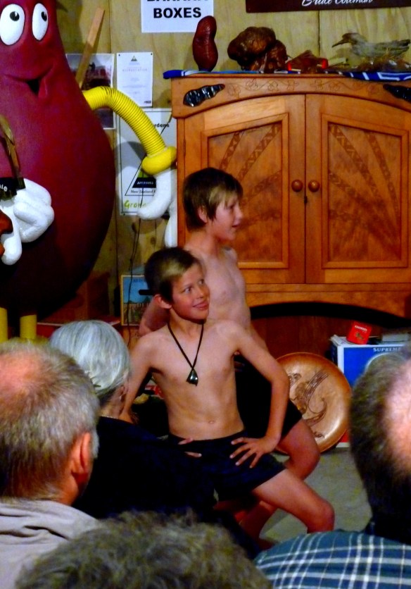 Winston Cowie and David Sims are welcomed to The Kumara Box by a haka Winston Cowie and David Sims are welcomed to The Kumara Box by a haka